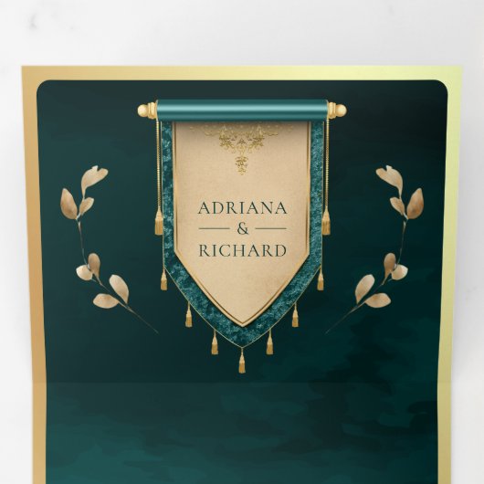 Invitation Trois Volets Mariage médiéval antique Turquoise Gold Soll (Intérieur en premier)