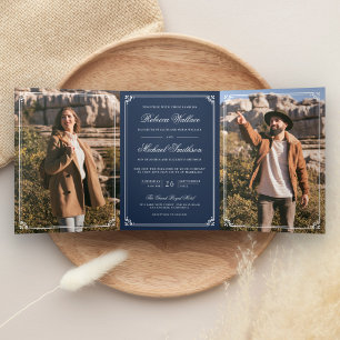 Invitation Trois Volets Mariage minimaliste avec code QR bleu marine blanc