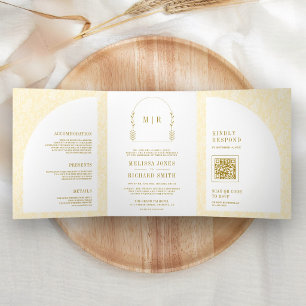 Invitation Trois Volets Mariage minimaliste jaune beurre à motif de feuill