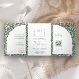 Invitation Trois Volets Mariage Minimaliste Ligne d'Art Feuille Arche Vert