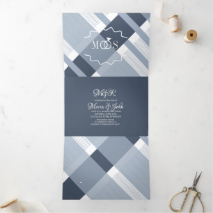 Invitation Trois Volets Mariage Minimaliste Logo Anneau à Carreaux Bleu Po