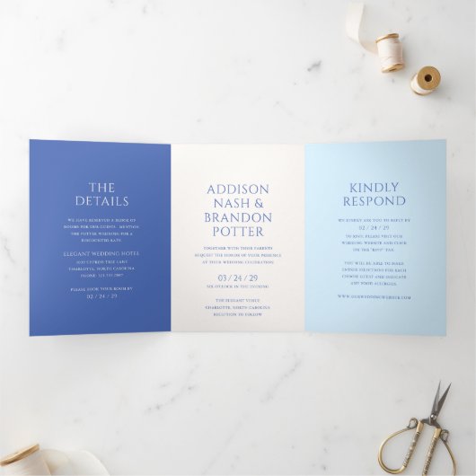 Invitation Trois Volets Mariage moderne Bleu élégant (Intérieur)