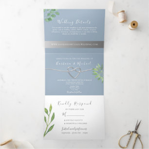 Invitation Trois Volets Mariage Moderne Botanique Bleu Poussiéreux