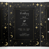 Invitation Trois Volets Mariage Moderne Céleste Lune Étoiles Noir & Or (Intérieur au milieu)
