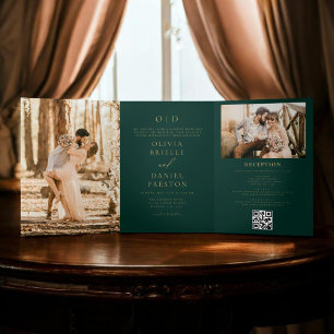 Invitation Trois Volets Mariage Moderne Deux Photos Or Vert Émeraude