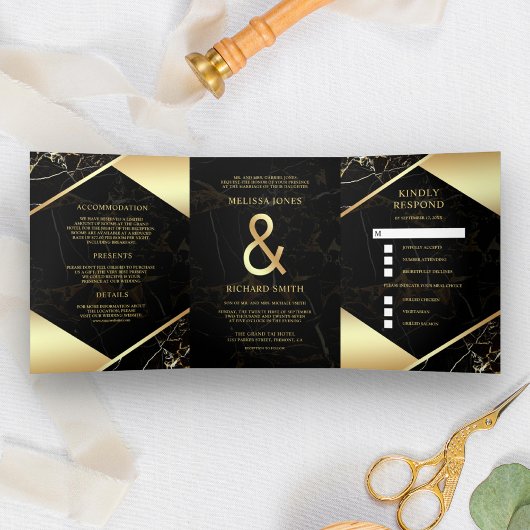 Invitation Trois Volets Mariage moderne en marbre noir