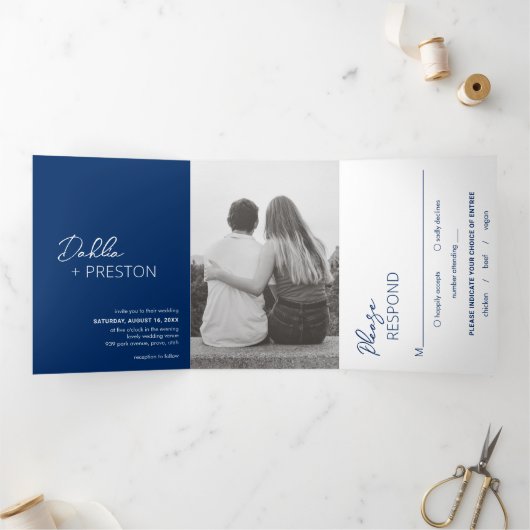 Invitation Trois Volets Mariage moderne photo bleu marine minimal (Intérieur)