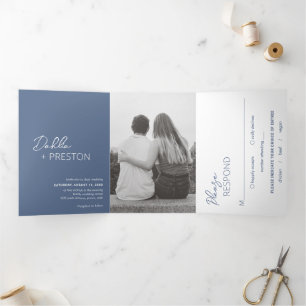 Invitation Trois Volets Mariage Moderne Photo Bleu Poussiéreux Minimaliste