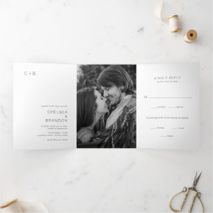 Invitation Trois Volets Mariage Moderne Photo Monogramme Gris