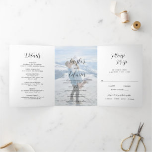 Invitation Trois Volets Mariage Moderne Photo Noir et Blanc Minimaliste