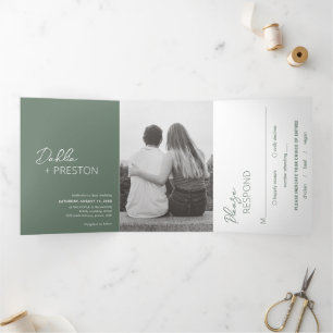 Invitation Trois Volets Mariage Moderne Photo Vert Sauge Minimaliste