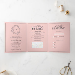 Invitation Trois Volets Mariage Monogramme bleu marine bleu brillant