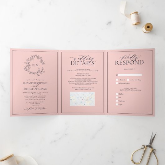 Invitation Trois Volets Mariage Monogramme bleu marine bleu brillant (Intérieur)