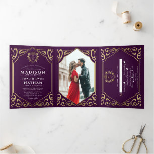Invitation Trois Volets Mariage Monogramme Fantastique Médiéval Royal Aube