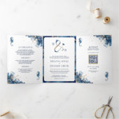 Invitation Trois Volets Mariage Monogramme Marin de la Marine & Code QR (Intérieur)