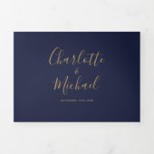 Invitation Trois Volets Mariage Monogramme Marine Blue Et Gold Script (Page de couverture)