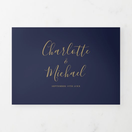 Invitation Trois Volets Mariage Monogramme Marine Blue Et Gold Script (Page de couverture)