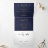 Invitation Trois Volets Mariage Monogramme Marine Blue Et Gold Script (Intérieur)