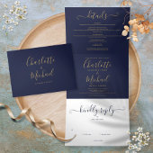 Invitation Trois Volets Mariage Monogramme Marine Blue Et Gold Script