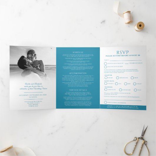 Invitation Trois Volets Mariage monogramme ovale option RSVP bleu turquois (Intérieur)