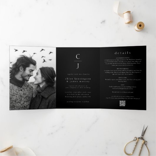 Invitation Trois Volets Mariage Monogramme photo moderne noir Code QR (Intérieur)