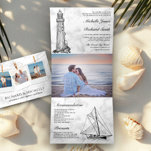 Invitation Trois Volets Mariage Naution Thème Bateau-phare en marbre blanc