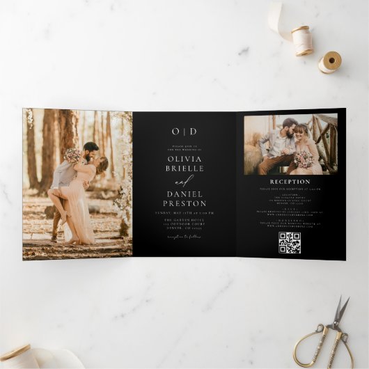 Invitation Trois Volets Mariage noir à deux photos moderne (Intérieur)