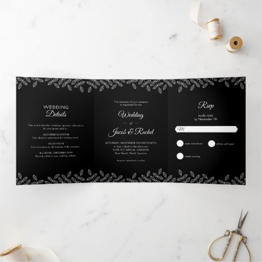 Invitation Trois Volets Mariage noir et blanc Feuille élégant (Intérieur)