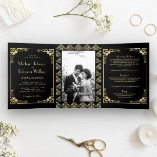 Invitation Trois Volets Mariage noir et or de style Art déco vintage