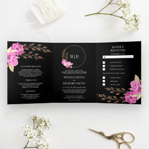 Invitation Trois Volets Mariage noir floral orchidée rose bohème tout-en-u