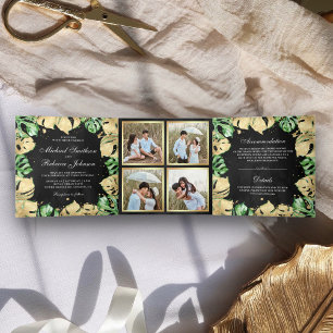 Invitation Trois Volets Mariage noir Monstera Palm en feuille d'or et vert