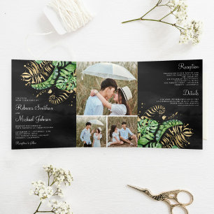 Invitation Trois Volets Mariage Noir Monstera Palmier Or Vert Tropical