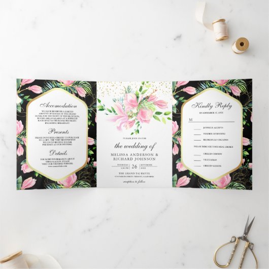 Invitation Trois Volets Mariage noir rose de printemps de Magnolia (Intérieur)