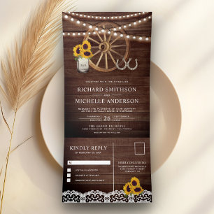 Invitation Trois Volets Mariage Occidental Fleurs de Tournesol en Bois Rus