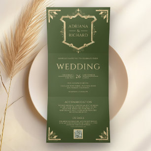 Invitation Trois Volets Mariage Olive Vert Code QR Crête Or Vintage