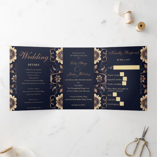 Invitation Trois Volets Mariage Or Chic Midnight (Intérieur)
