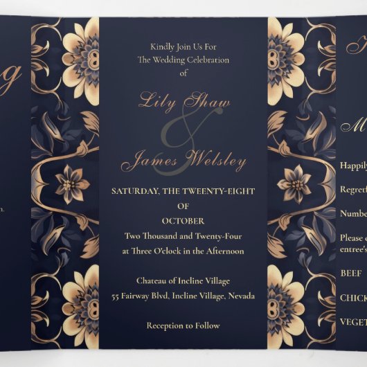 Invitation Trois Volets Mariage Or Chic Midnight (Intérieur au milieu)
