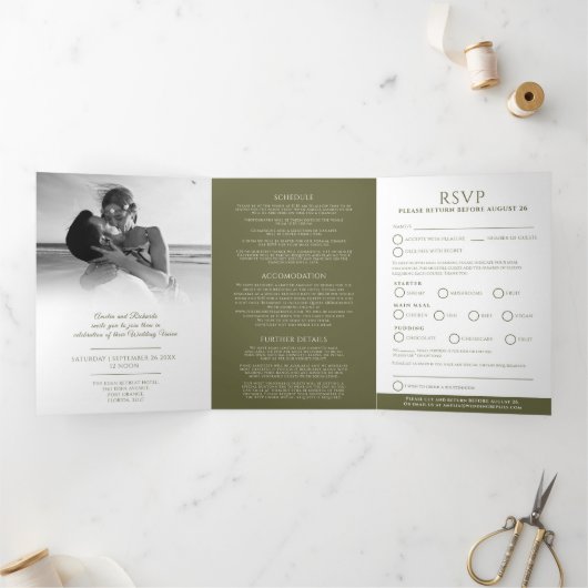 Invitation Trois Volets Mariage ovale monogramme RSVP olive vert blanc (Intérieur)