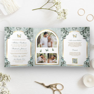 Invitation Trois Volets Mariage Papillon Arc Doré Floral Vert Sauge