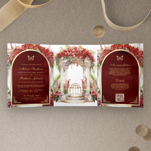 Invitation Trois Volets Mariage papillon floral rouge tout-en-un