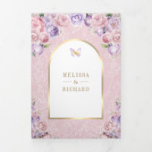 Invitation Trois Volets Mariage papillon Lavender Rose Floral Or Arch (Page de couverture)