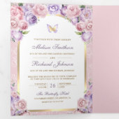 Invitation Trois Volets Mariage papillon Lavender Rose Floral Or Arch (Intérieur en premier)