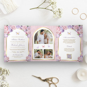 Invitation Trois Volets Mariage papillon Lavender Rose Floral Or Arch