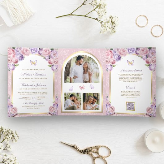Invitation Trois Volets Mariage papillon Lavender Rose Floral Or Arch