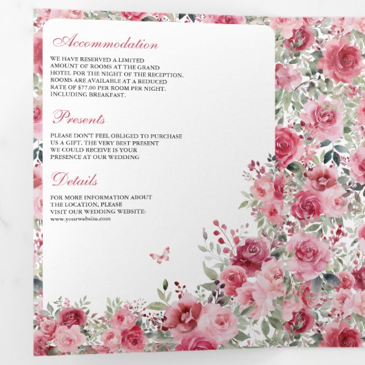 Invitation Trois Volets Mariage papillon Valentine rose Roses (Intérieur en premier)