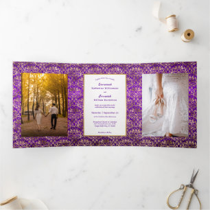 Invitation Trois Volets Mariage Personnalisable Violet Or Damassé Vintage