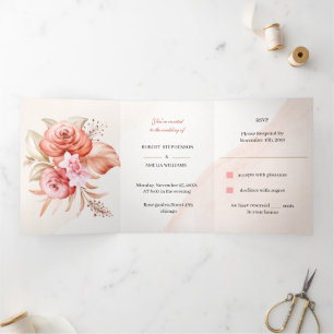 Invitation Trois Volets Mariage personnalisé cadre floral élégant