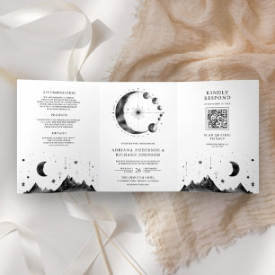 Invitation Trois Volets Mariage Phases de Lune Croissant Noir Blanc Célest