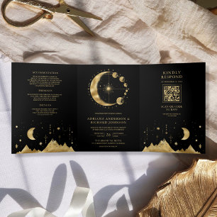 Invitation Trois Volets Mariage Phases du croissant d'or noir céleste