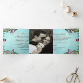 Invitation Trois Volets Mariage photo à papillon bleu et rose (Intérieur)